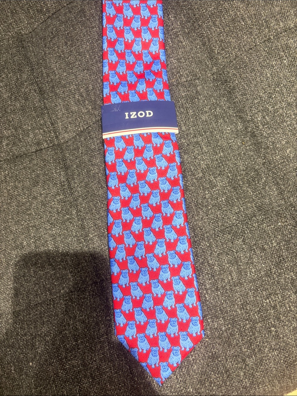Izod Red Tie with Blue Bulldog Pattern